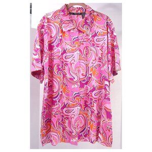 2X Mlle Gabrielle 100% Cotton EUC Vibrant Pink Floral Short Sleeve Shirt Paisley
